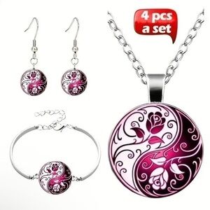 NWT! Rose Tai Chi Time Gem Necklace&Bracelet&Earring Jewelry Set.